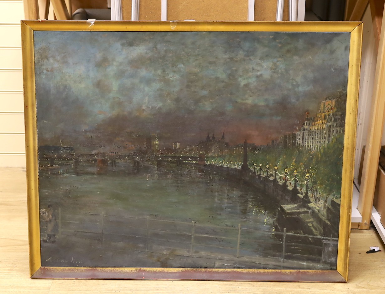 Antony Kerr (b.1924), oil on canvas, 'Charing Cross Railway from Waterloo Bridge', signed and inscribed verso, 76 x 97cm